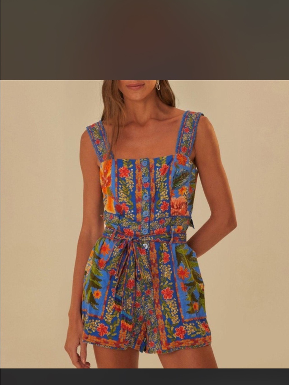 Farm Rio Stitched Garden Blue Linen  Romper Tropical Floral Boho Summer XS Flaw